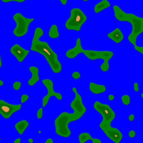 A topographic-style map image showing irregular green landmasses and small brown peaks scattered across a blue background, resembling islands and water.